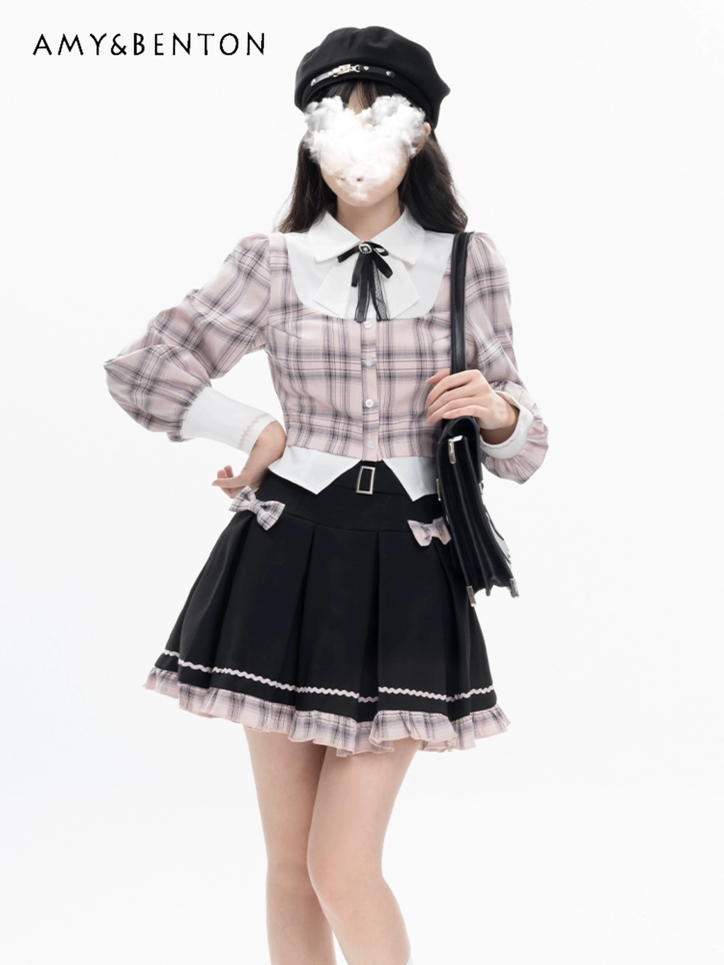 Preppy Style Fake Two-Piece Retro Plaid Shirt Patchwork Mini Pleated Skirt Two Piece Sets Womens Outfits Sweet Lolita Skirt Sets