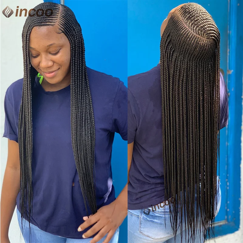 

Goddess 36'' Cornrow Braided Wigs For Women 1B Full Lace Frontal Box Braid Wig Synthetic Long Side Part Afro Knotless Braids Wig