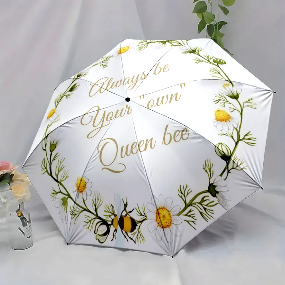 1PC Umbrella with Daisy and Bee Design: Empowerment Message Print 8 Iron Ribs Folding Umbrella Auto-Open Fashion Sunshade