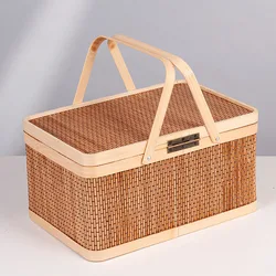 Bamboo Picnic Basket With Lid Locking Buckle Dual-Tone Hand-held Outdoor Party Gatherings New Year's Day Wedding Gifts