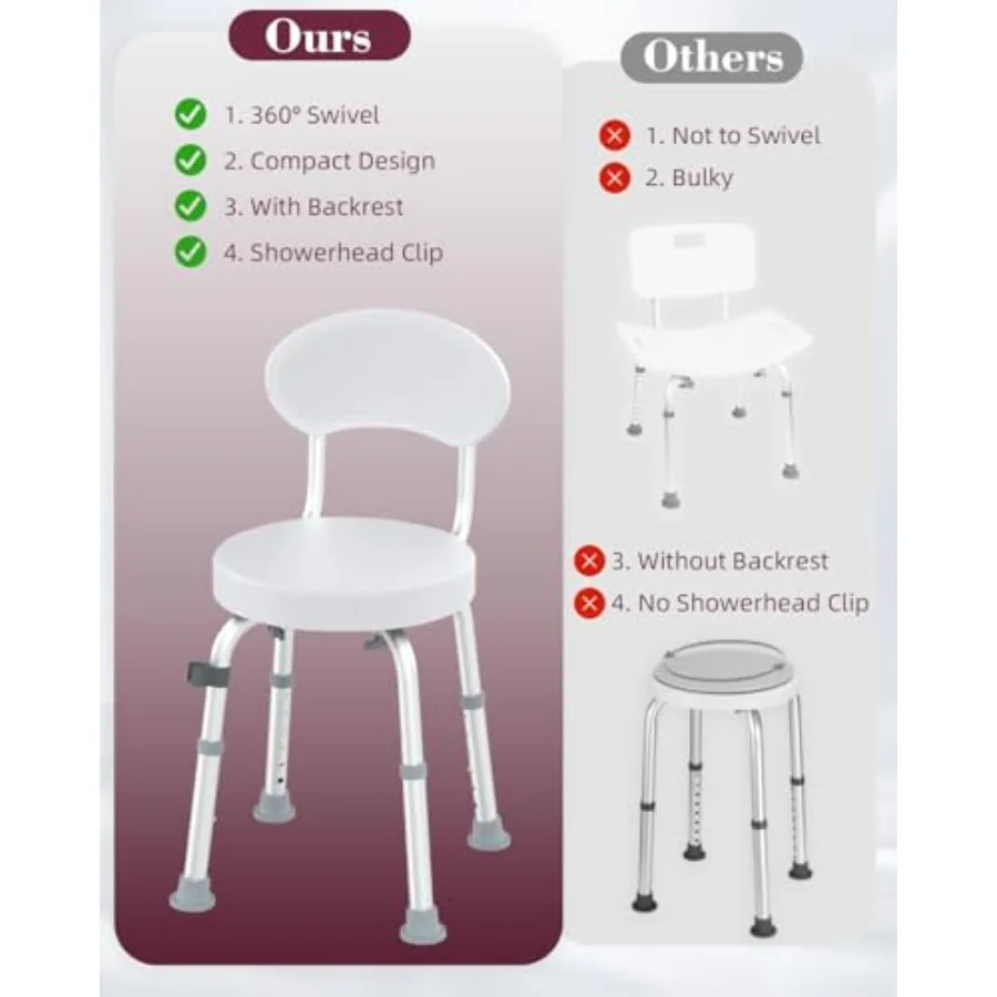 Swivel Shower Chair 360° Non-Slip Shower Seat with Backrest for Elderly and Disabled Height Adjustable Rotating Tub Transfer Be