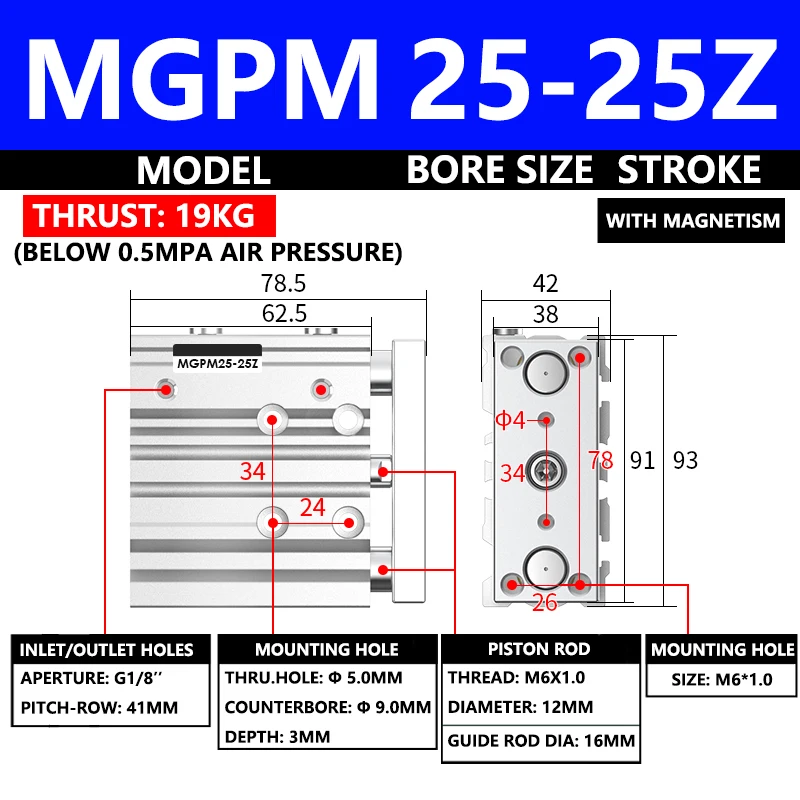 

ABILKEEN MGPM Series Pneumatic Compact Guide Cylinder MGPM25-25Z 25MM Bore X 25MM Stroke Thin Three Axis Three Rod Air Cylinder