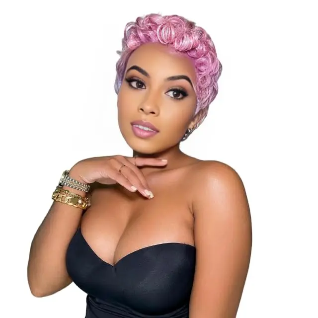 Short Human Hair Wig Pink Pixie Cut Wig with Bangs for Black Women Machine Made Pink Layered Wig