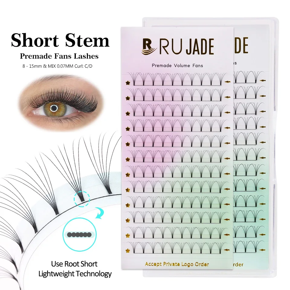 RUJADE Short Stem 3D 4D 5D 6D Premade Russian Volume Fans Eyelash Extensions 0.07 0.10 C D Faux Mink Premade Lashes Supplies