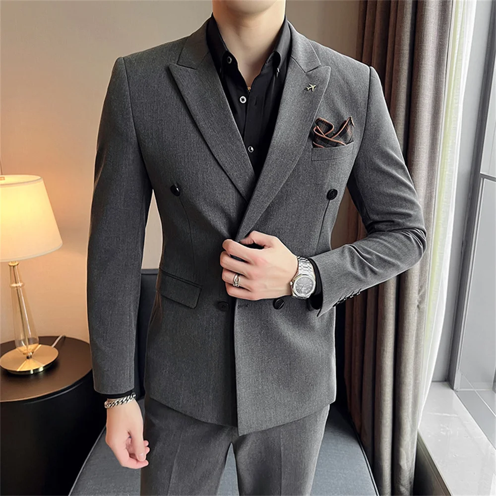 Solid color plus-size suit men's business formal Korean double-breasted three-piece men's fashion suit