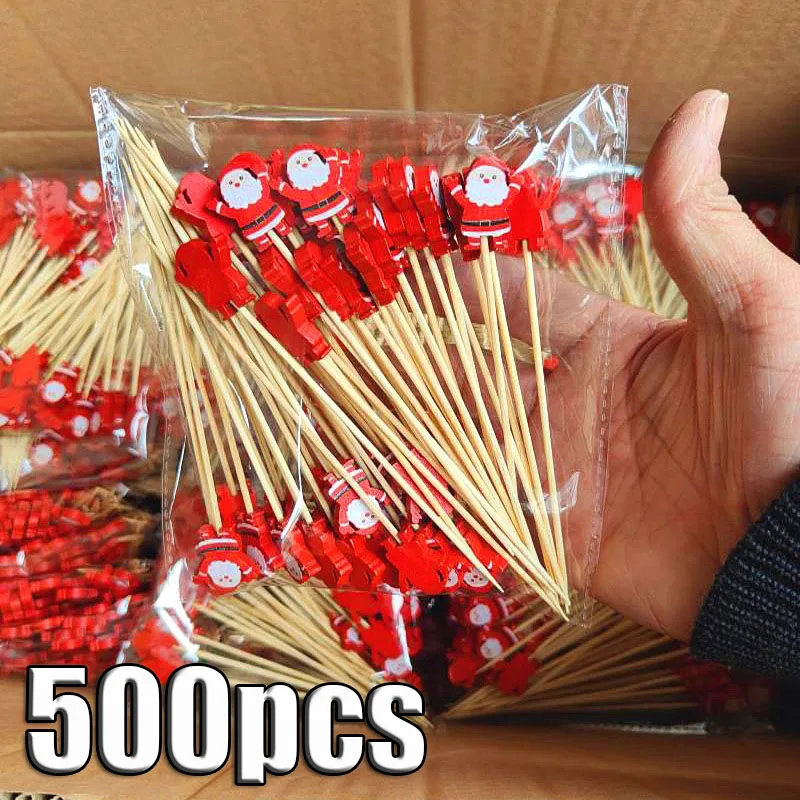 50Pcs/set Christmas Fruit Sticks Disposable Bamboo Sticks Snowflake Christmas Tree Elk Santa Claus Snowman Sticks Xmas Ornaments