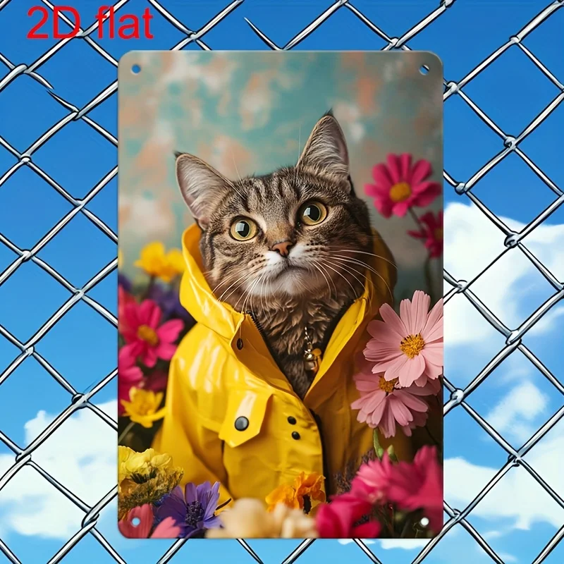 Whimsical Cat in Yellow Shirt Metal Wall Art -  Vintage Floral Cat Decor, Durable with Pre-Drilled Holes for Easy Hanging, Perfe