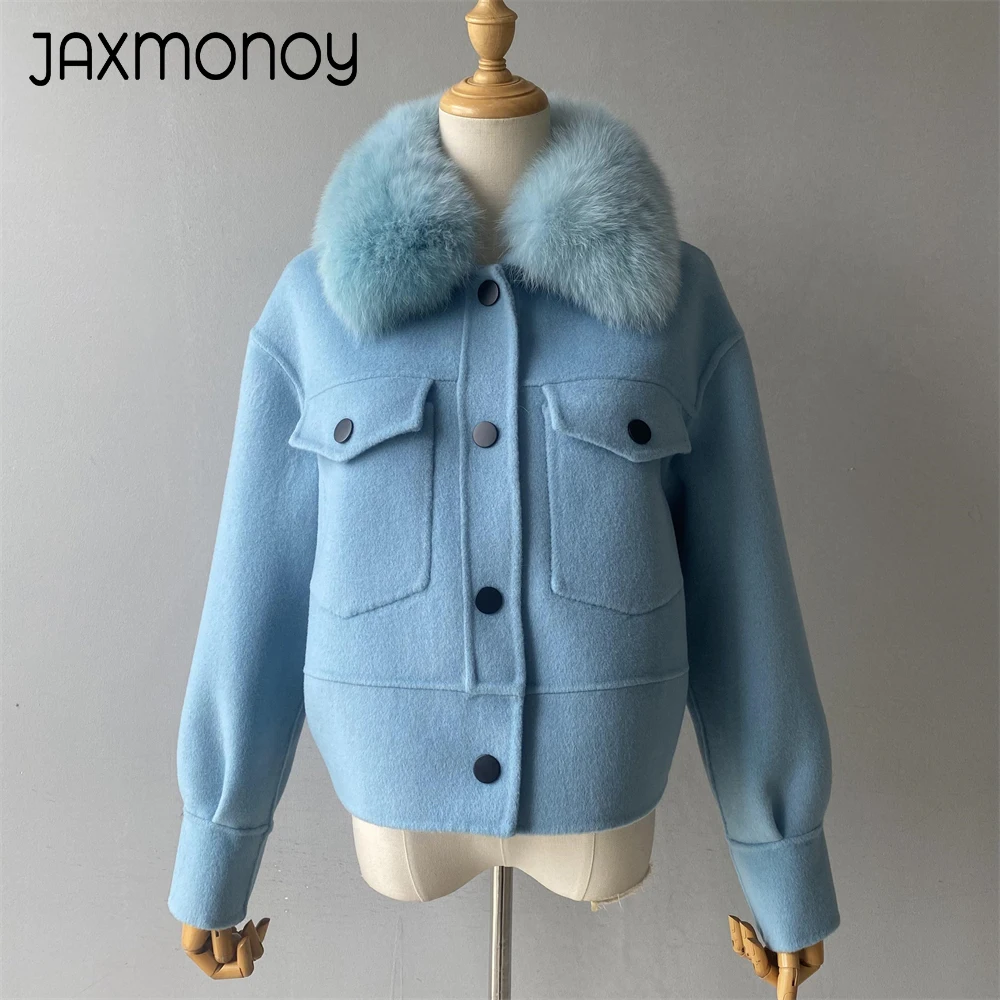 Jaxmonoy 여성용 용수철 짧은 울 재킷, 실제 모피 칼라, 가을 겨울 패션, 따뜻한 오버코트, 여성 신상