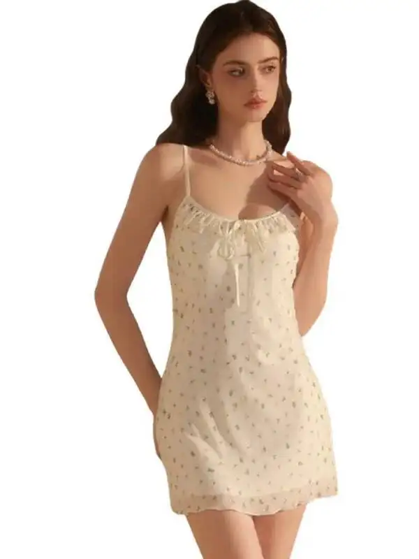 Süßes Mesh-Eisseidenkleid, sexy tiefes V mit Brustpolstern, reines Verlangen, faules Trägerkleid mit Blumendruck, rückenfrei, tiefes V, ärmellos ZHOK