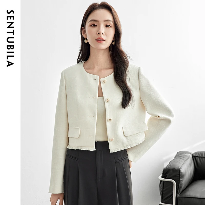 SENTUBILA Short Tassels Jackets for Women's 2025 Spring French Style Elegant Straight O Neck Chic Button Overcoat 151W58260