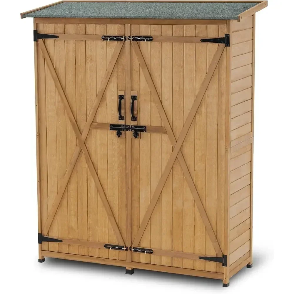 Natural Wooden Outdoor Storage Cabinet with Floor, Double-Door Lockable Garden Shed for Patio and Lawn