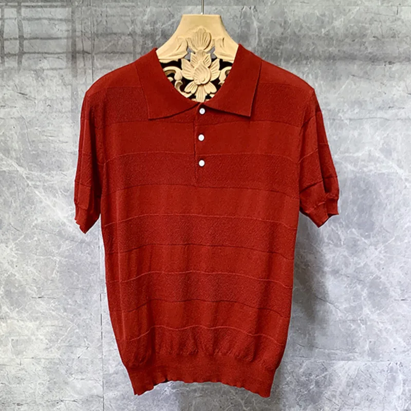 

2023 High Quality Summer Stripe Polo Shirt Men's Solid Color British Slim Lapel Knitted Striped Casual Short-sleeved T-shirt