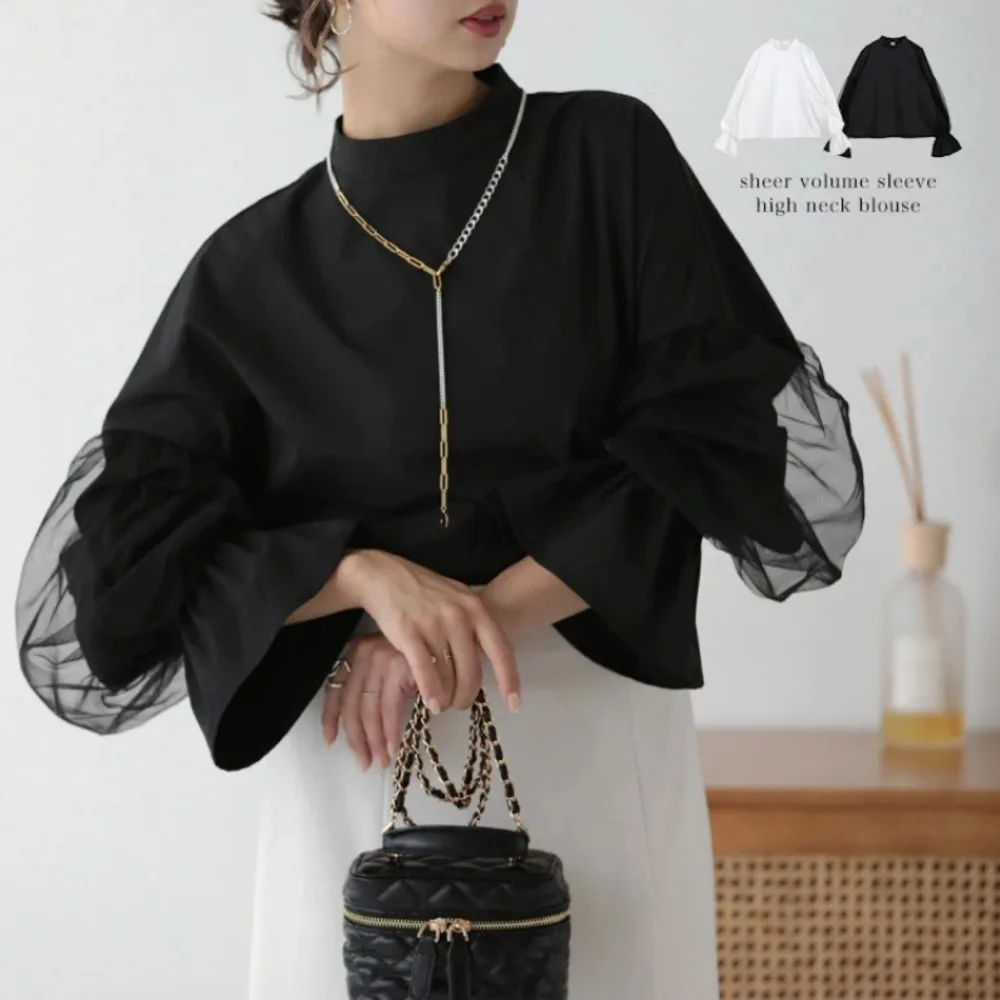 

2024 Hot Selling New Women's and Autumn Yarn Mesh Splicing Long sleeved Solid Color Fake Two Flare Sleeve Shirts in 2 Colors