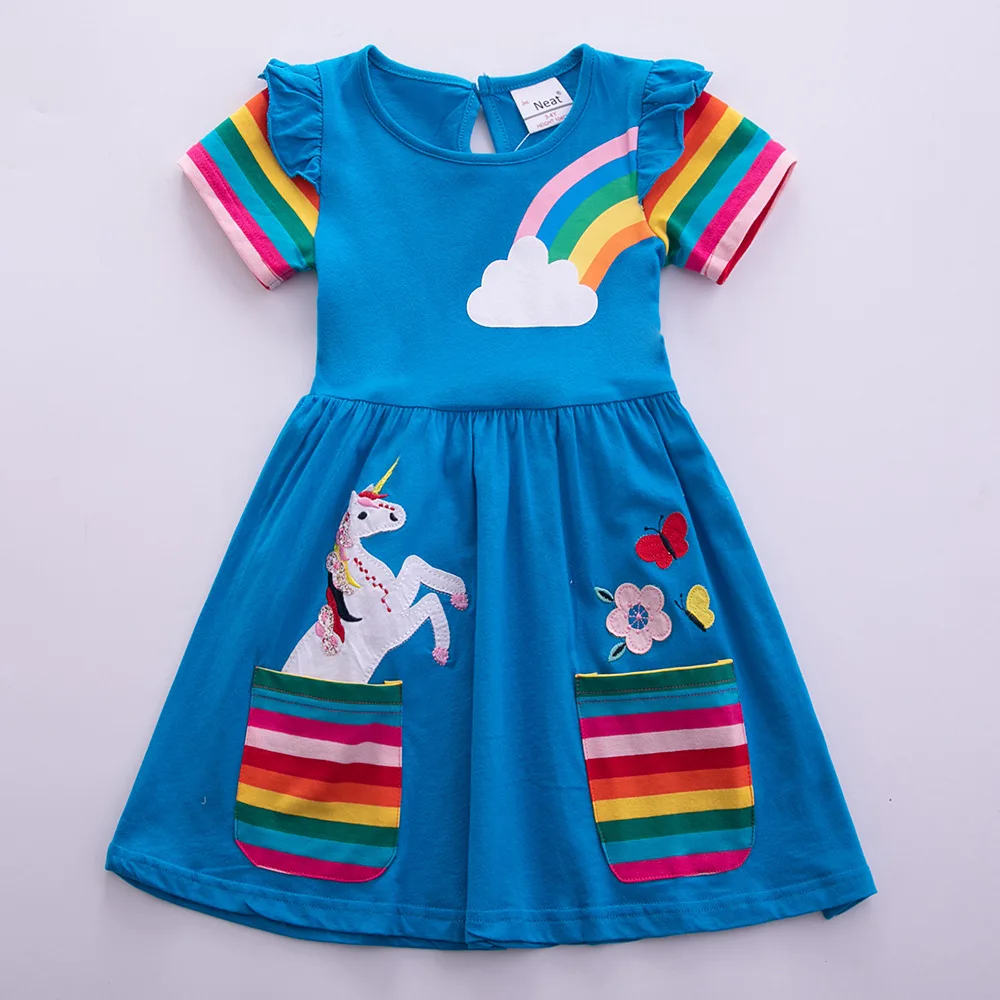 Girls\' Short Sleeve Unicorn Dress New Summer Embroidered Two Pockets Rainbow Sleeve Children\'s SH81035