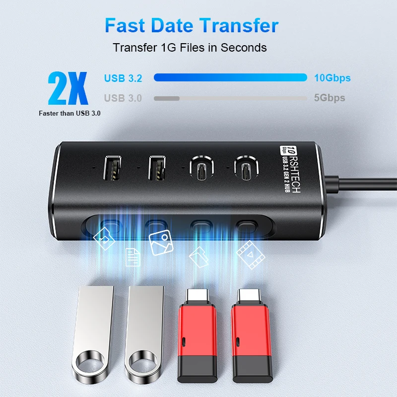 Imagem -02 - Rshtech-usb Tipo-c Alumínio Multiport Hub 4-port 10gbps Transmissão de Alta Velocidade Estação de Ancoragem Divisor para Laptops e pc