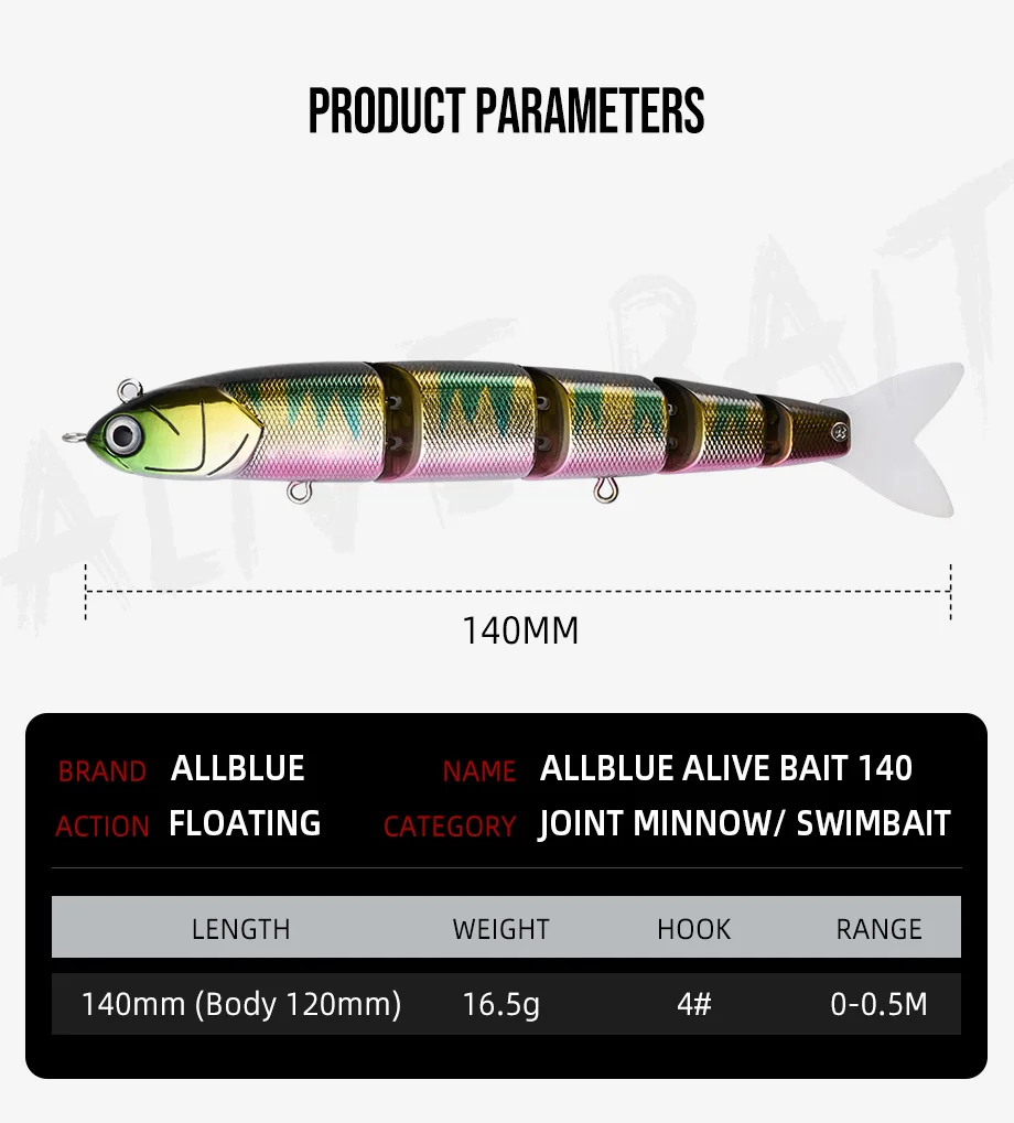 ALLBLUE ALIVE BAIT 140 mm 16,5 g schwimmender Angelköder Gelenk Minnow Swimbait Stick Silicon Tail Topwater Bass Pike Tackle – Detail 2