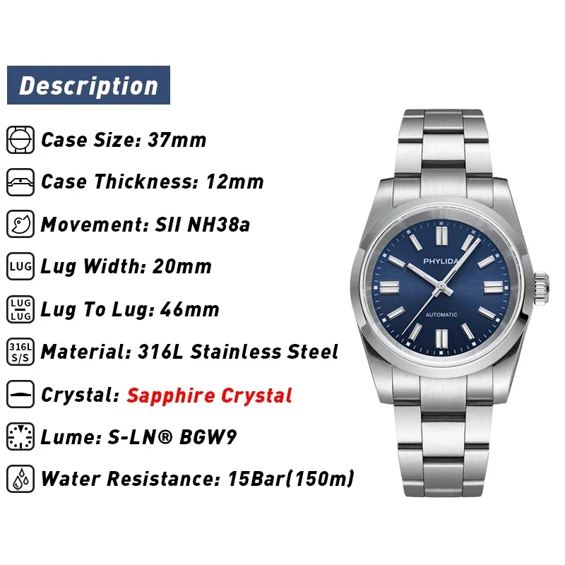 PHYLIDA 37mm Automatyczny Zegarek Męski NH38A Niebieska Tarcza Perpetual Bez Daty Szkło Szafirowe BGW9 Luminescencja