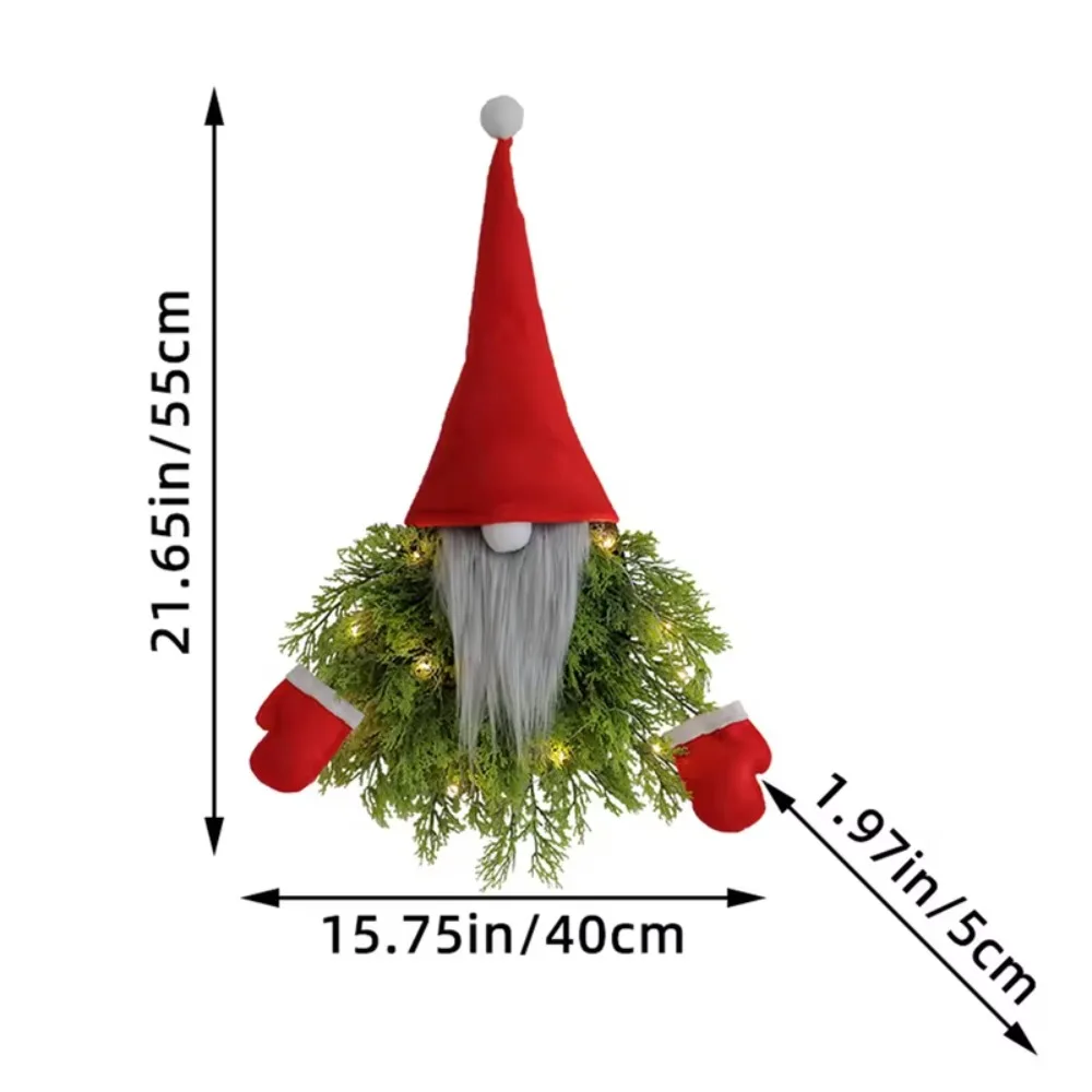 Delicate Luminous Christmas Santa Garland Artificial Branches Long Hat Glowing Gnome Wreath Faceless Doll Hanging Ornament Porch images - 6