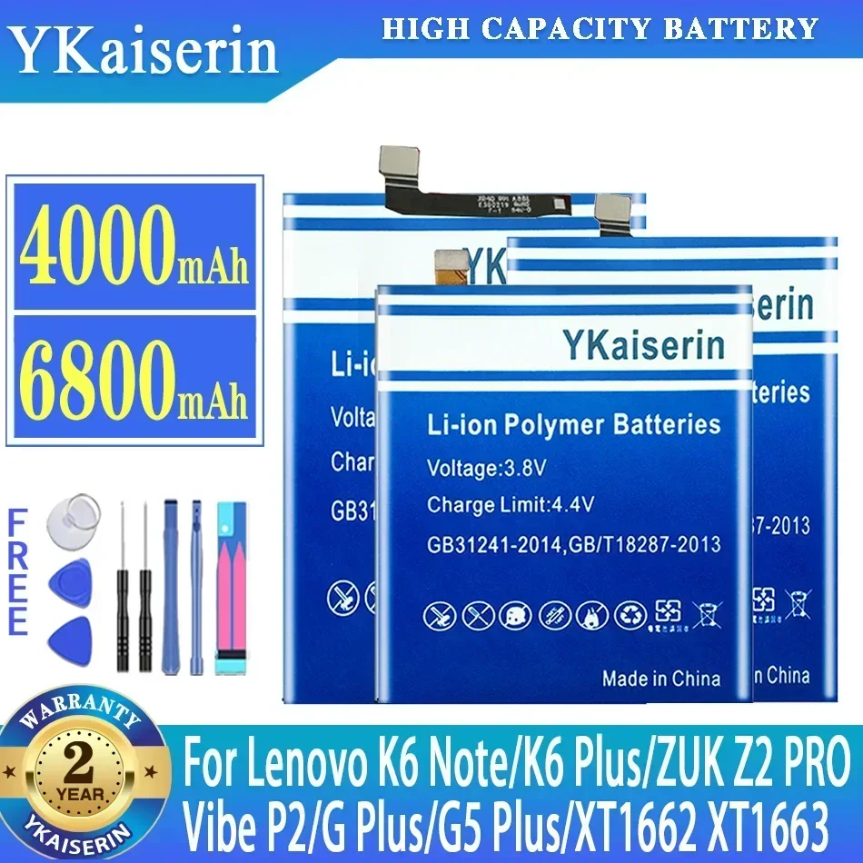 YKaiserin Battery For Lenovo Vibe P2 P2a42 P2c72 ZUK Z2 Pro K6 Note K53a48 Vibe K6 Plus G Plus G5 Plus XT1662 XT1663