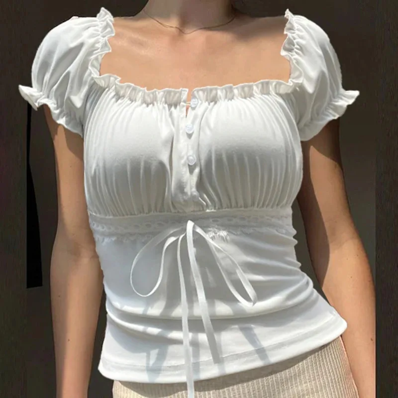 Y2K Lace Trim Crop Top White Short Sleeve Square Collar T Shirt Women Cute Summer Slim Pullovers Chic Korean Tee New