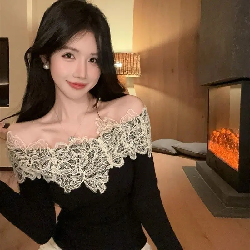 

Сексуальная облегающая футболка для женщин с вырезом-лодочкой, кружевными вставками и вырезами, винтажная, с длинным рукавом, повседневная, осенняя, с открытыми плечами