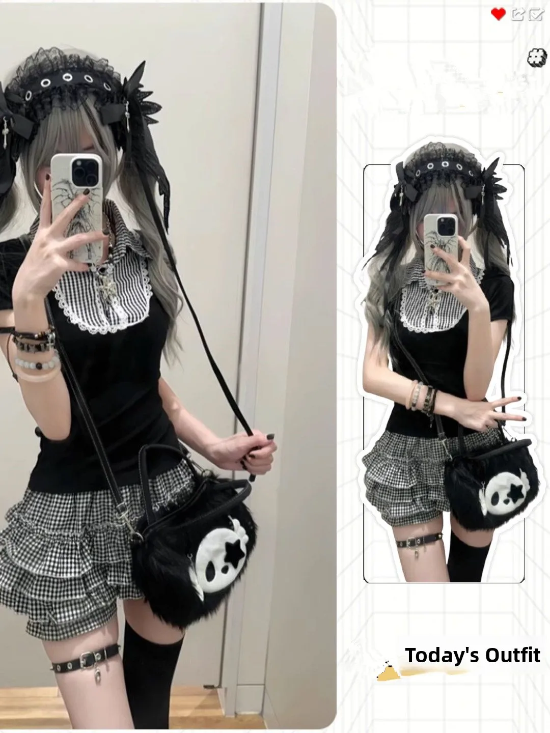 

Cute Black White Plaid Short Sleeve Cake Skirt Two Piece Set Slim Fit Versatile Sweet Cool Style Japanese Style Fashion Set