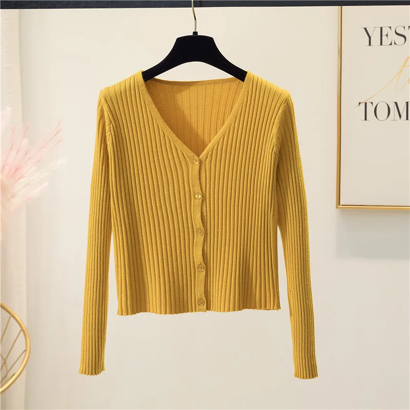 Spring Autumn V-neck Knitted Cardigan Sweater Women Long Sleeve High Waist Short Top Solid Slim Single Breasted Bottoming Shirt