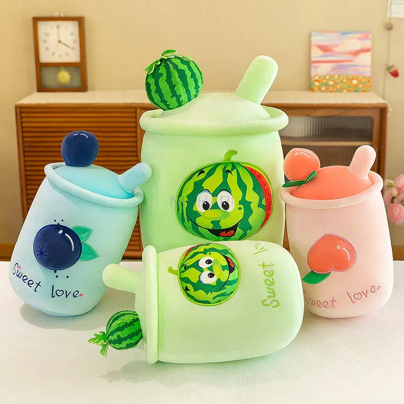 23-70cm Cartoon Fruit Bubble Tea Cup Shaped Pillow with Suction Tubes Real-life Stuffed Soft Back Cushion Funny Boba Food