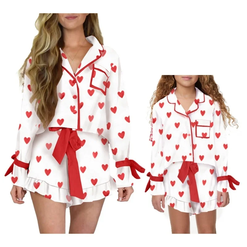 Lamuusaa Mommy and Me Pajamas Valentines Day Heart Print Single Breasted Long Sleeve Shirt Top and Ruffled Shorts Loungewear Set