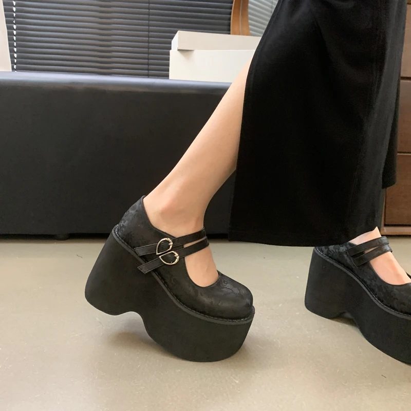 

Black Platforms Women Shoes Chinese Style Round Toe Chunky Heels Ladies Belt Buckle Wedges Pumps Super Heels Uniform Shoes