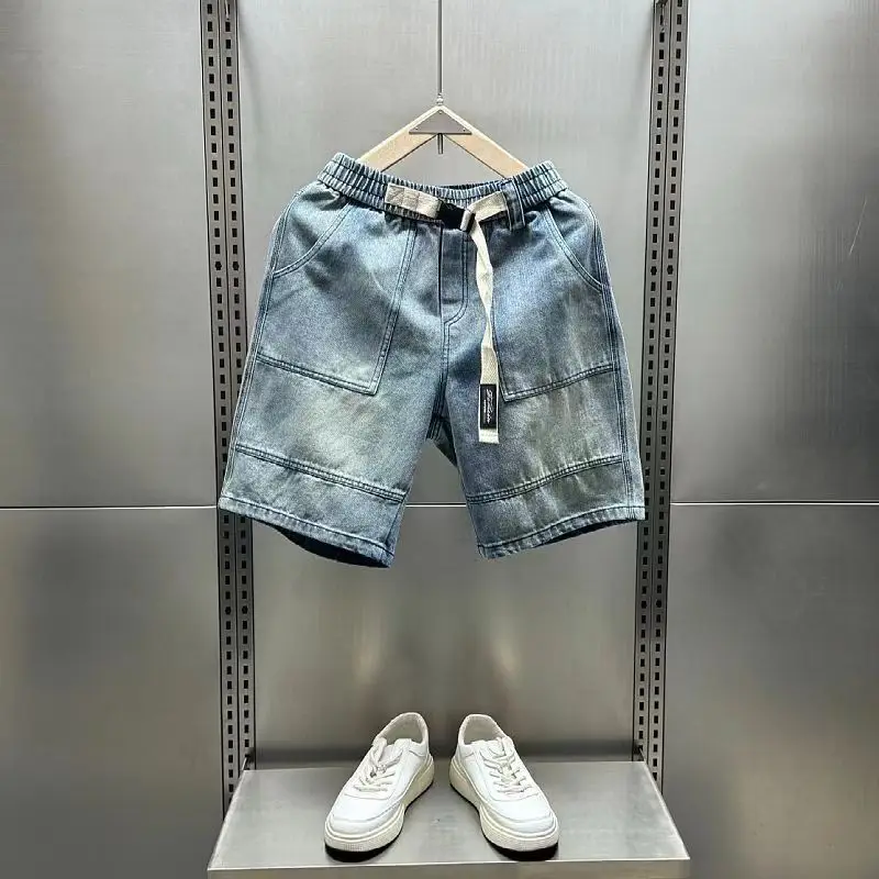 

New 2025 Drawstring Denim Shorts Men's Trendy Brand Ins Summer New Outer Wear Japanese Trend Hip Hop Casual Tooling Half Pants