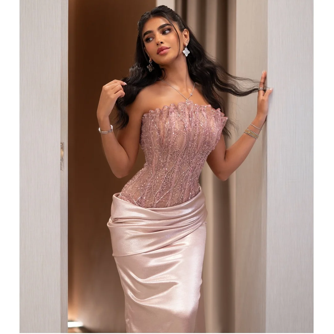 Rosa renda lantejoulas sem alças vestidos de noite cetim plissado split vestido de festa de casamento sereia vestido de baile personalizado vestidos elegantes