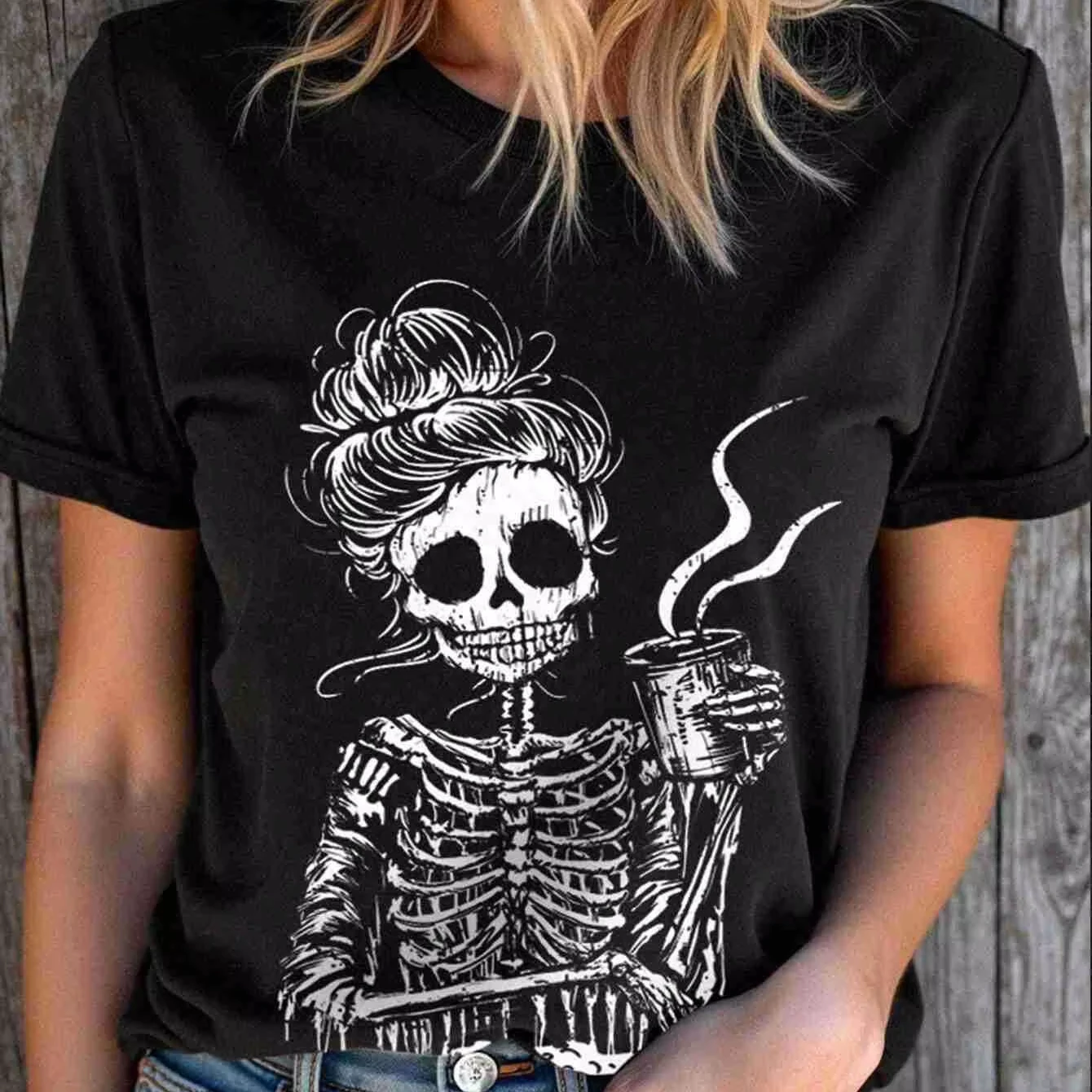 

2025 Summer European American Style Skull Print Retro Vintage Round Neck Casual Short Sleeve T-Shirt