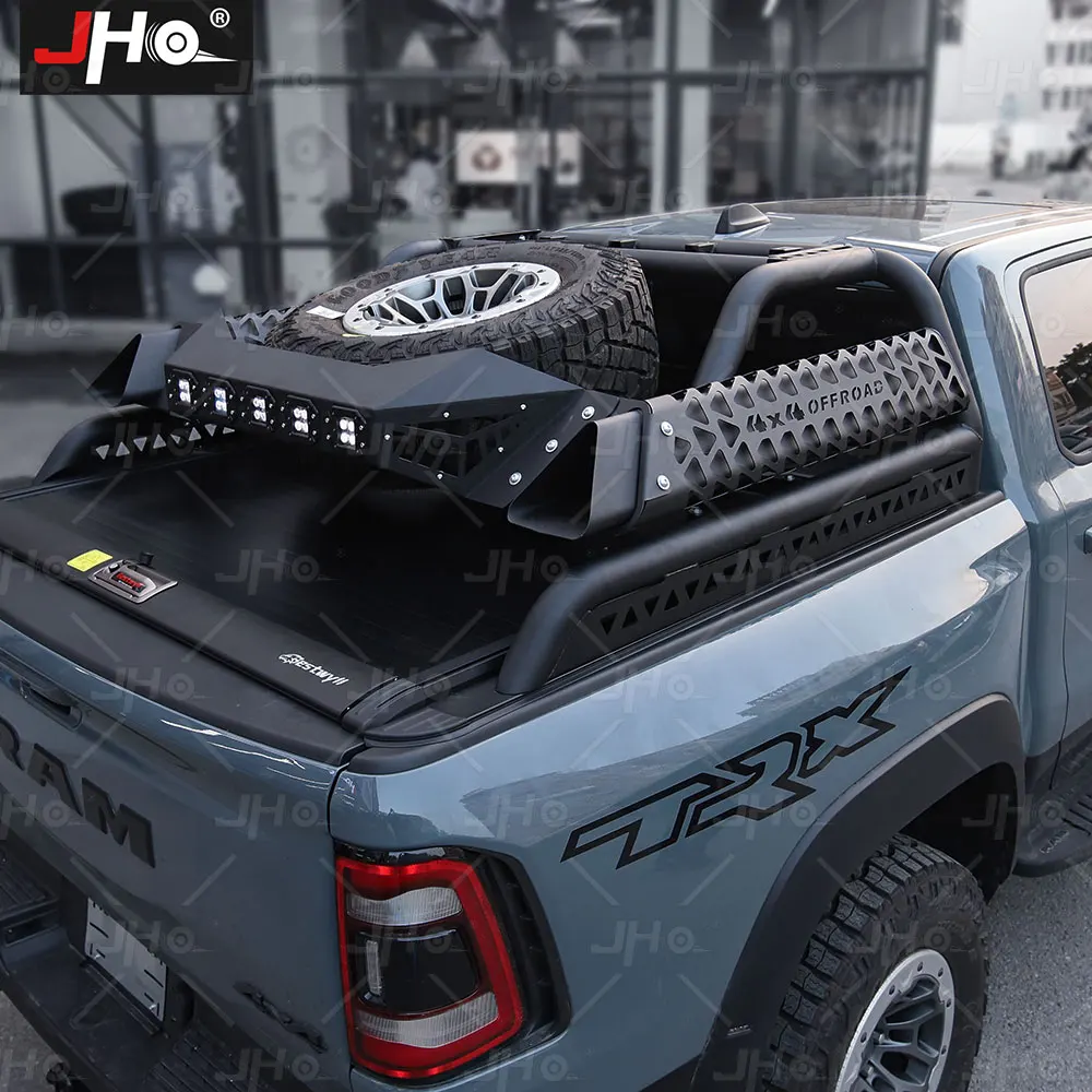 JHO Pickup Roll Bar Headache Chase Rack z oświetleniem LED Stojak na oponę zapasową do Dodge Ram 1500 TRX 2021 2022 Akcesoria samochodowe