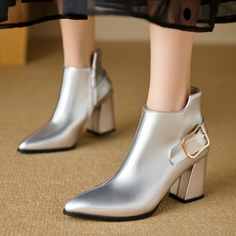 

Роскошные женские ботильоны на блочном каблуке, короткие ботинки, весна 2025, вечерние танцевальные туфли с пряжкой золотого, серебряного цвета, женские большие размеры 45-4