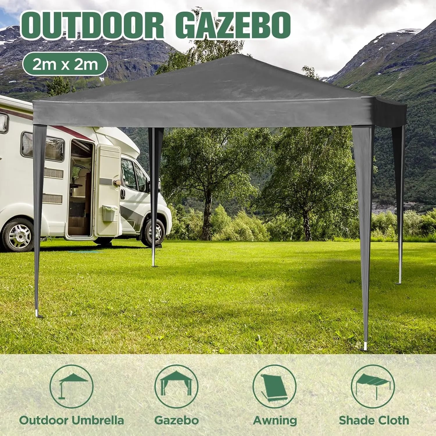 خيمة مظلة شرفة منبثقة لحديقة الزفاف الخارجية، 2 × 2 مظلة سرادق خارجية للتخييم وحفلات الزفاف قابلة للطي باللون الرمادي