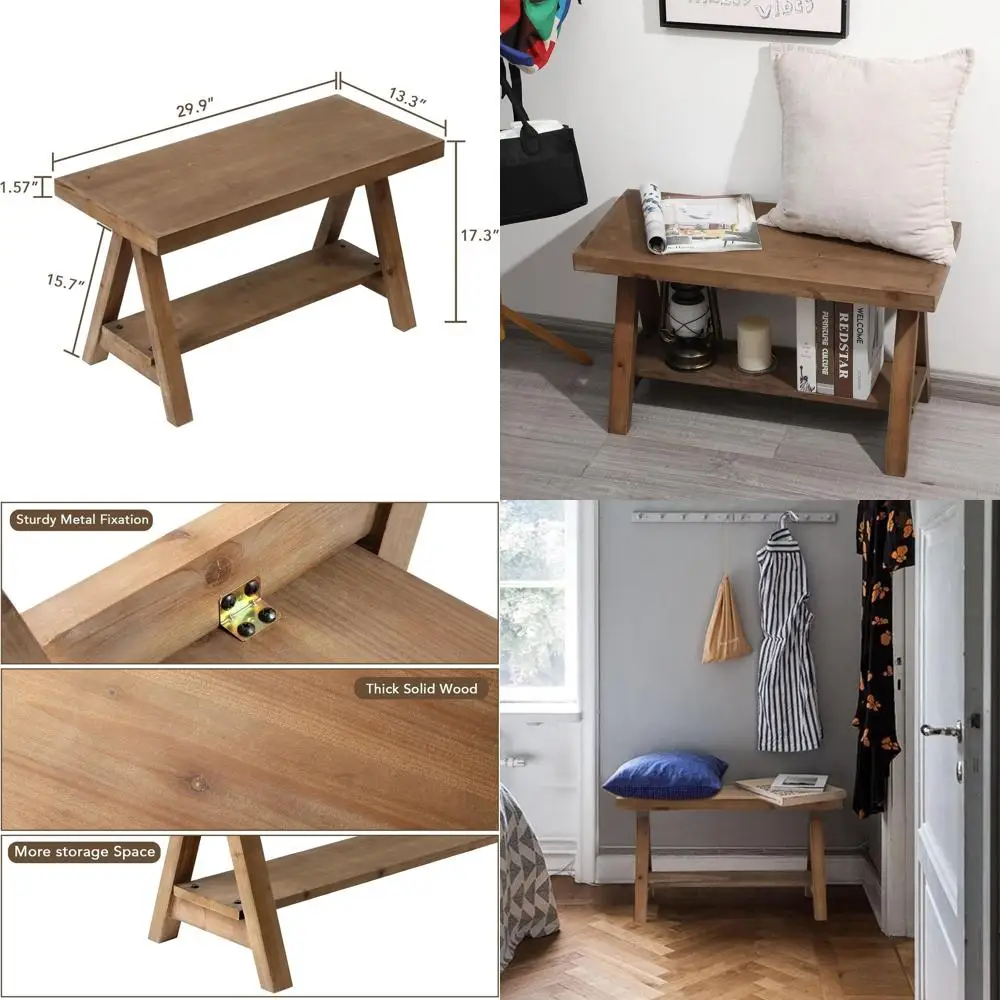 

Rustic 30 Farmhouse Bench with Storage, Natural Wood Entryway Seat for Living & Dining Rooms