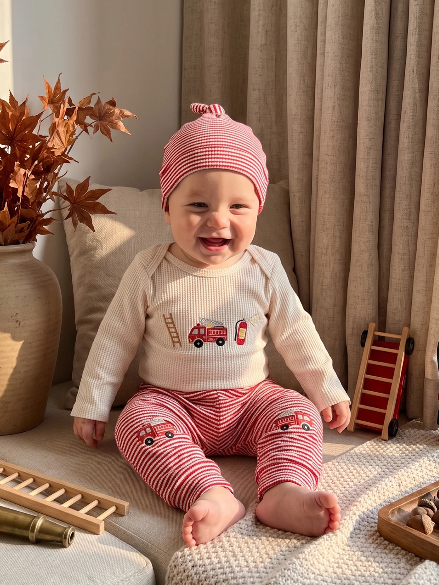 Embroidery Long Sleeve Outfit Fire Engine Boy-Fall-Outfit Sleeve Romper Sleeve Embroidery Long Fire Long Sleeve Romper