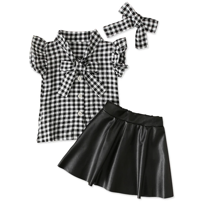 

3PCS Kids Summer Boutique Outfits Toddler Girl Clothes Fashion Bow Sleeveless Plaid T-shirt+PU Skirt Children Clothing Sets 1902