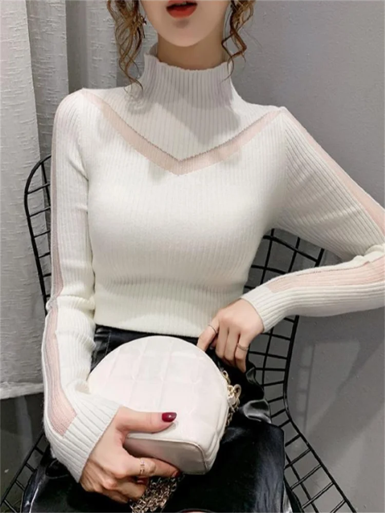 Sexy Long-Sleeved Sweater Women Turtleneck Perspective Net Yarn Splicing Knitwear Bright Pull Ladies Sweaters Pullover Top