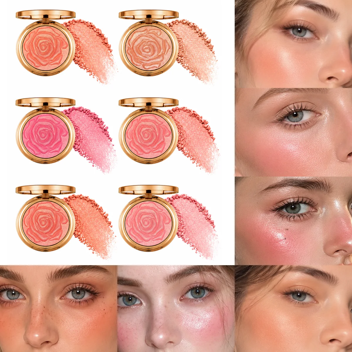 Rose Embossed Shimmer Blush Powder, Glitter Highlight Blush, Brighten Skin Tone Long Lasting Pearlescent Face Makeup With Mirror