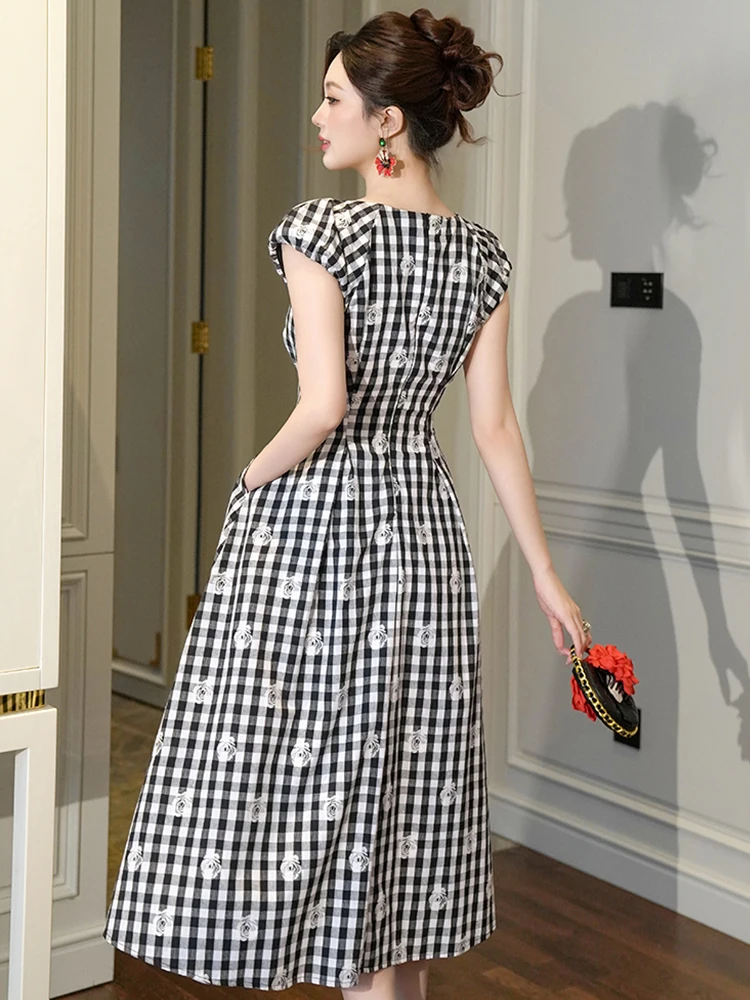 Damska Sukienka Midi w Czarno-Białą Kratę z Kwiatowym Nadrukiem, Retro Bufiaste Rękawy, Dopasowana Sukienka na Imprezę, Koktajl, Vestidos Femme Casual Letnia Nowość