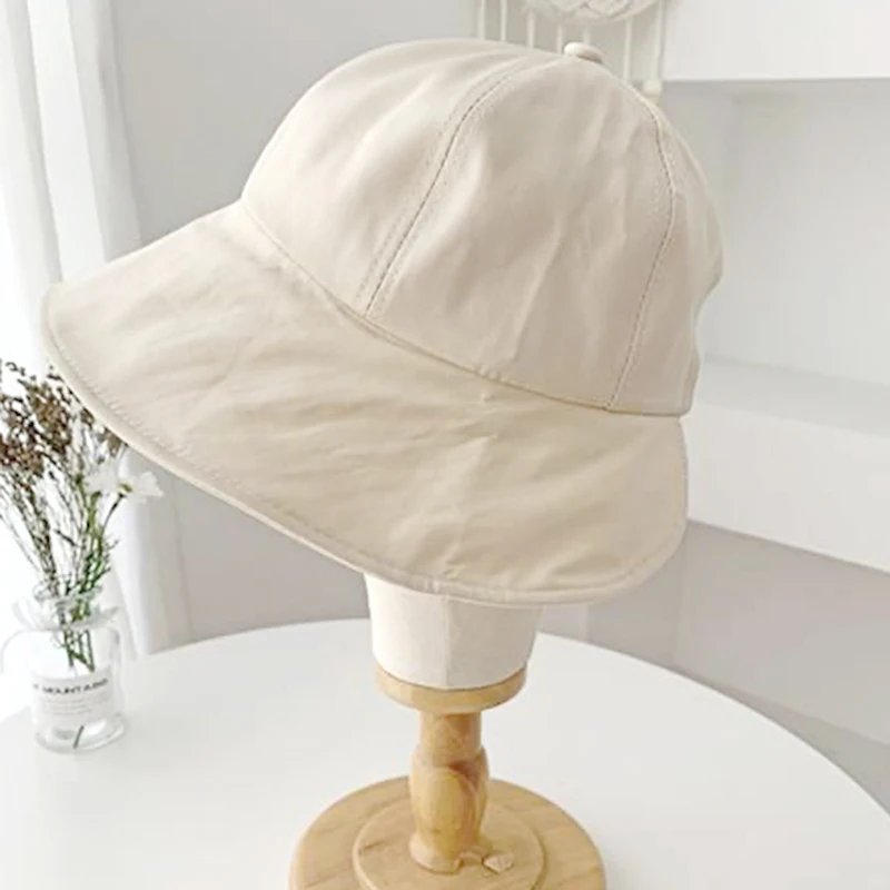 Women Summer Sunhat Cotton Ponytail Bucket Hat Outdoor Beach Adjustable Sun Visor Hats Solid Color Foldable Panama Fisherman Cap