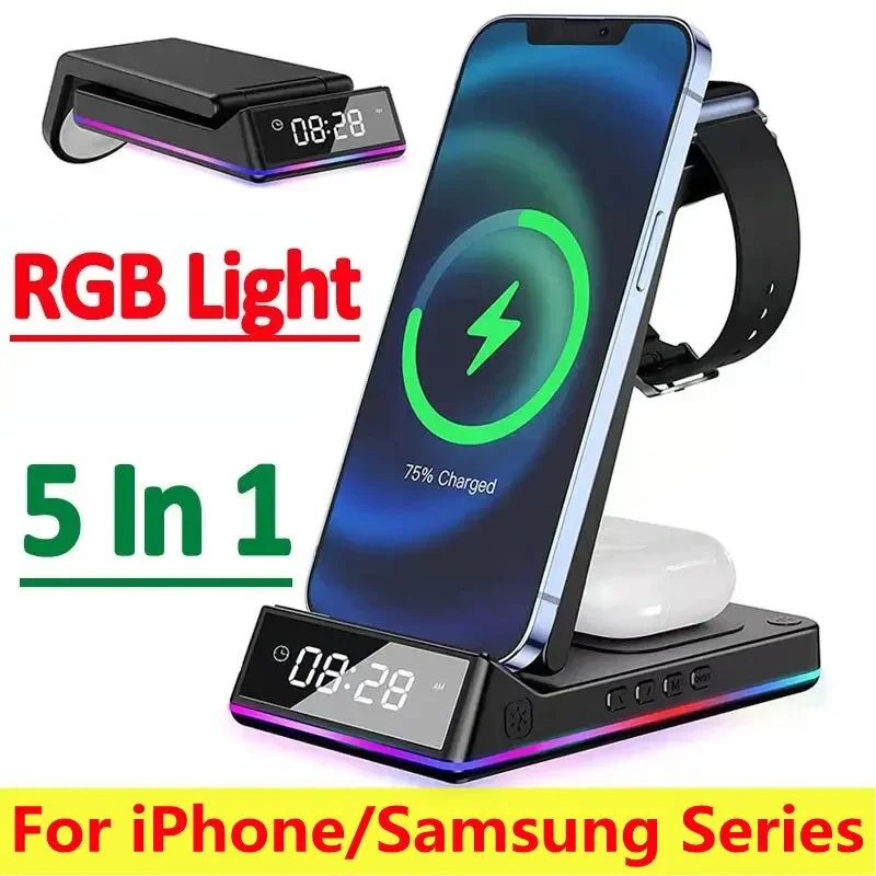 5 In 1 15W Foldable Wireless Charger Stand RGB LED Clock Fast Charging Station Dock for iPhone Samsung Galaxy Watch 6/5 S23 S22