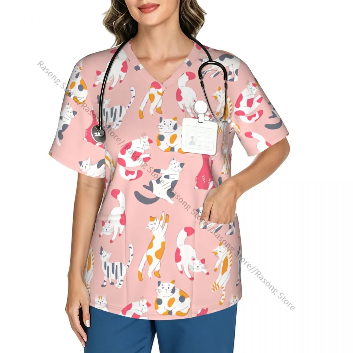Cute Cat Pattern Scrubs tops medical uniforms women V Neck Stretch Scrub Shirt Dentist doctor Blouse