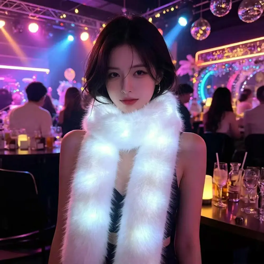 Shining White Plush LED Flash Scarf Fluffy Warm Winter Plush Scarf Skin-friendly Light Up Christmas Decoration Carnival