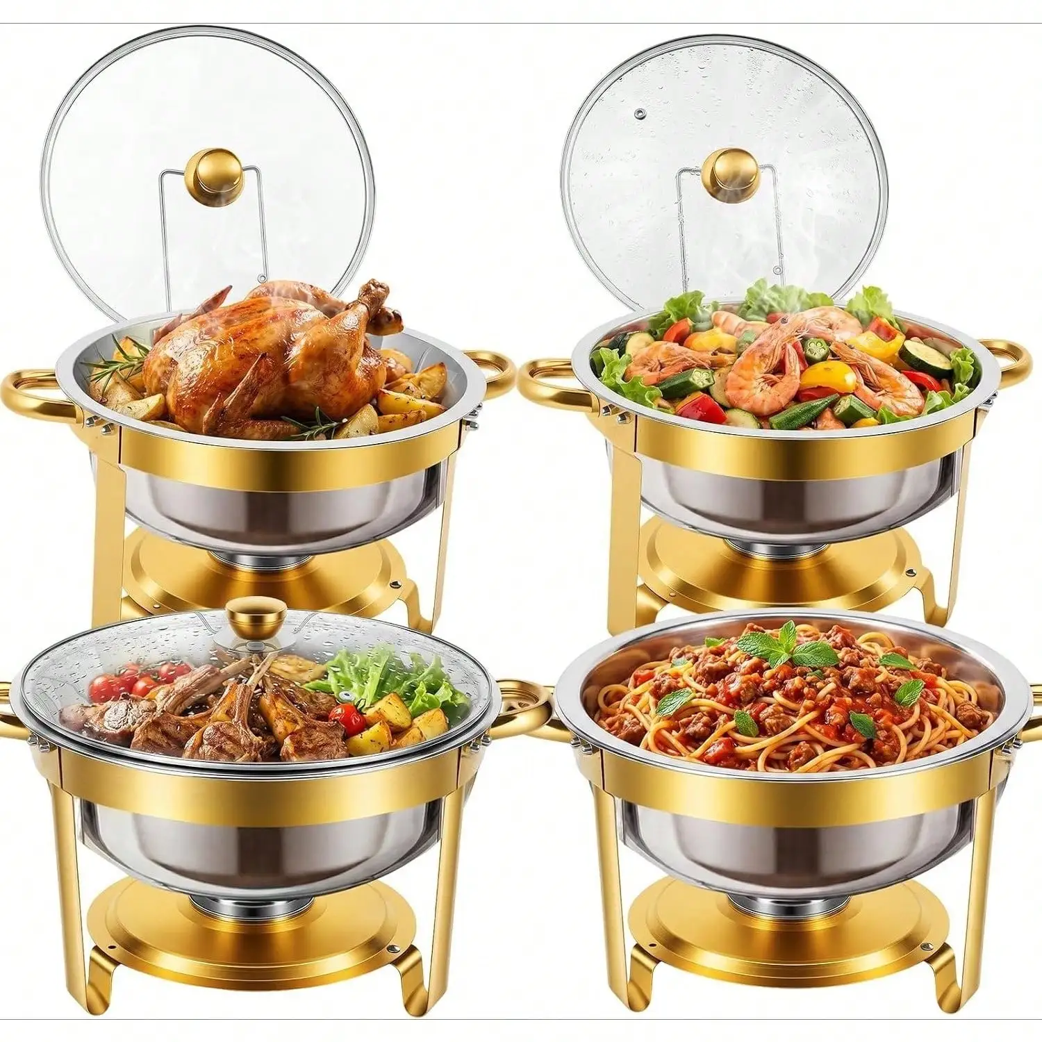 4 Pack Chafing Dish for Buffet, 6QT Gold Round Chafing Dish Set with Glass Lid, Stainless Steel Serving Tray, Water Pan, Stand, Fuel Holder, Food Warmer for Party, Gathering, Banquet, Wedding