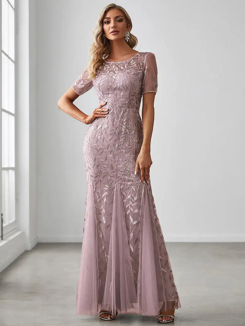 Elegante vestido de noite lantejoulas impressão fishtail tule vestidos para festa 2025 sempre bonito de lilás lantejoulas tule vestidos de dama de honra