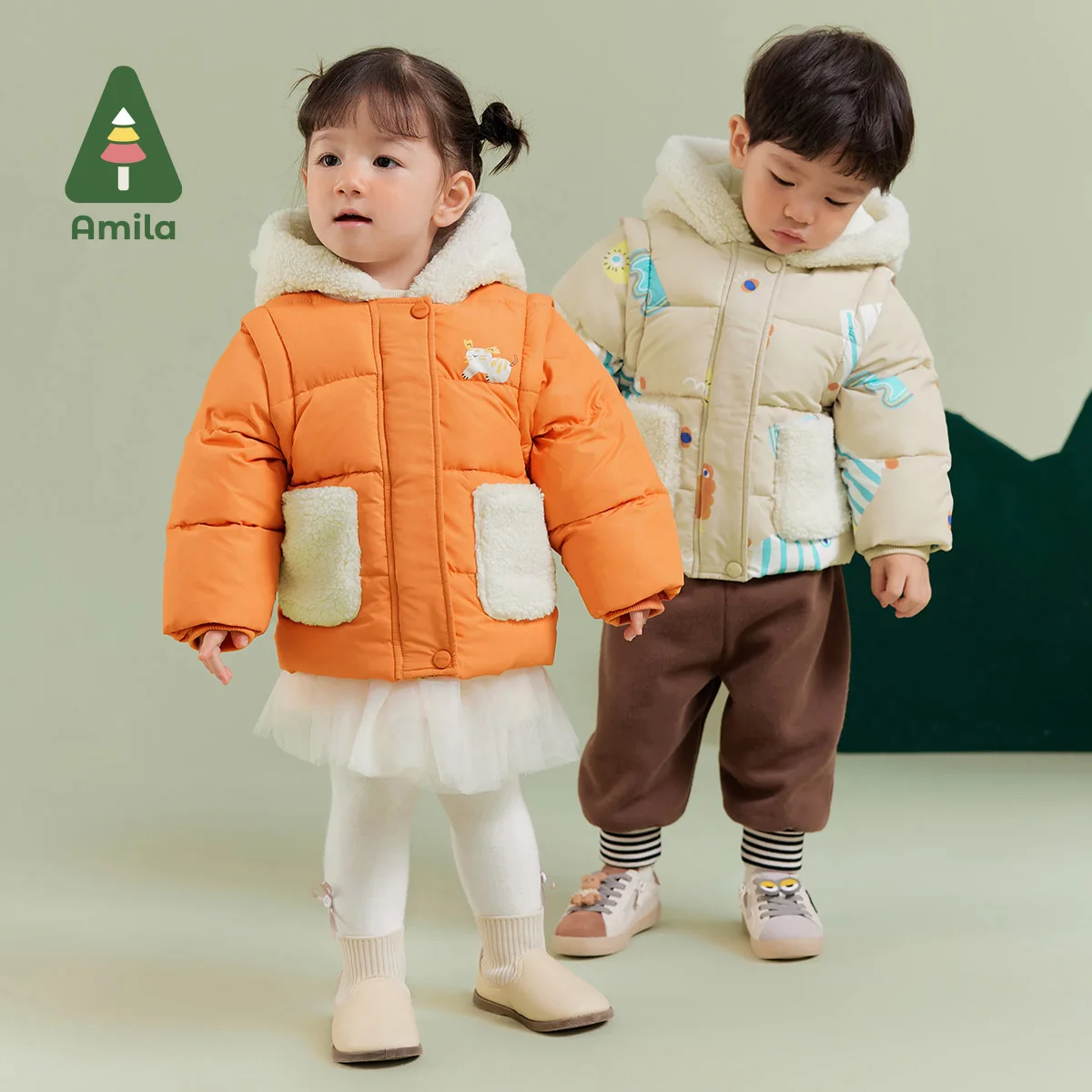 Amila Baby Children Cotton-padded Clothes 2024 Winter New Multicolour Hooded Slight waterproofing antifouling Oil proof Warm