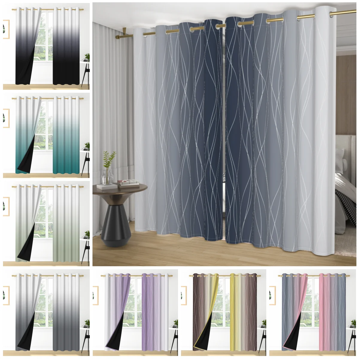 2pcs/set Ombre Gradient Curtain Modern Geometric Pattern Window Drapes Room Blackout Curtains Living Room Bedroom Decor Curtains